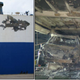(Left) exterior damage to the ship, (right) damaged ramp and destroyed vehicles